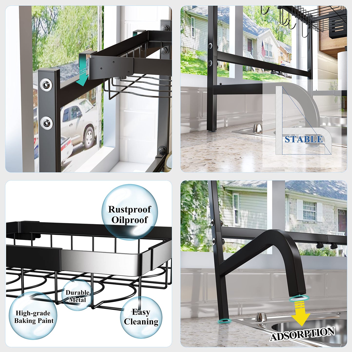 SAYZH Over the Sink Dish Drying Rack, Adjustable (25.5 to 33.5 inch) 2 Tier Metal Steel Dish Drying Racks for Kitchen Counter with Hooks Paper Towel Utensil Cup Holder Sink Caddy (Black)