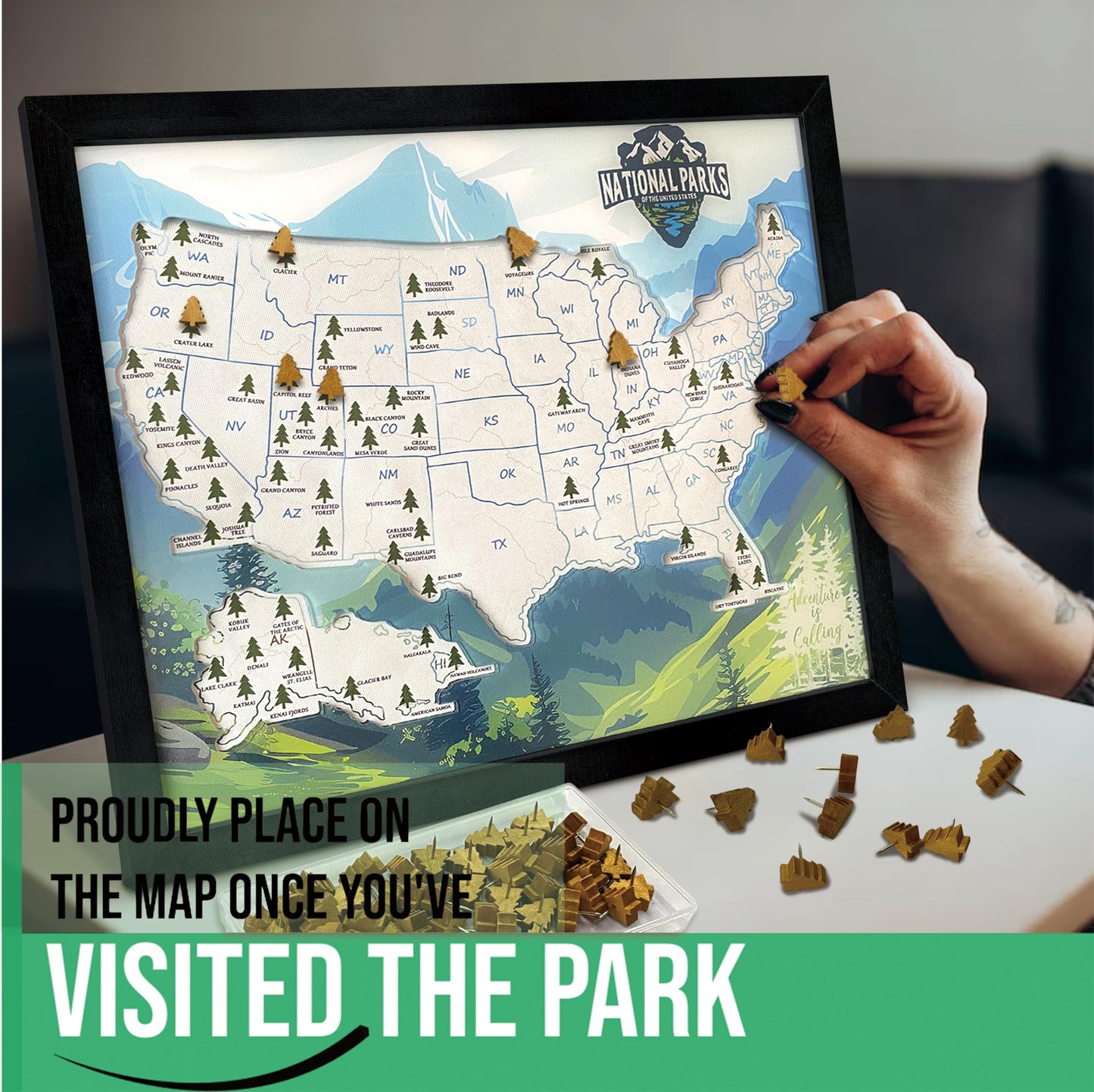 flinelife National Parks Map With Wooden Pine Tree Pins, 13X11, National Park Bucket List Cork Map, Perfect for National Parks Lovers, Hiker, Couples and Families Gift