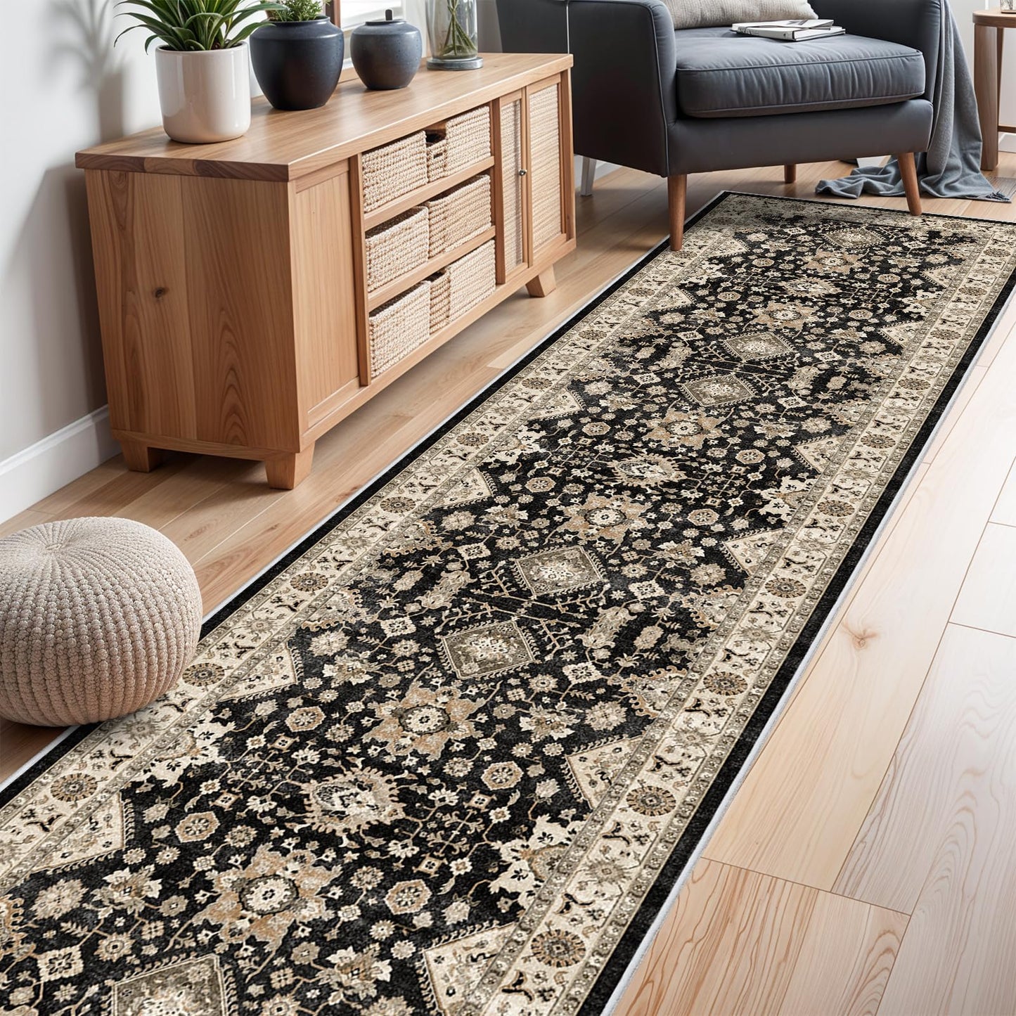 Washable Hallway Runner Rug 3x12: Non Slip Runner Rugs with Rubber Backing Soft Kitchen Rug Farmhouse Distressed Carpet Runner for Living Room Bedroom Bathroom (Black, 3X12)