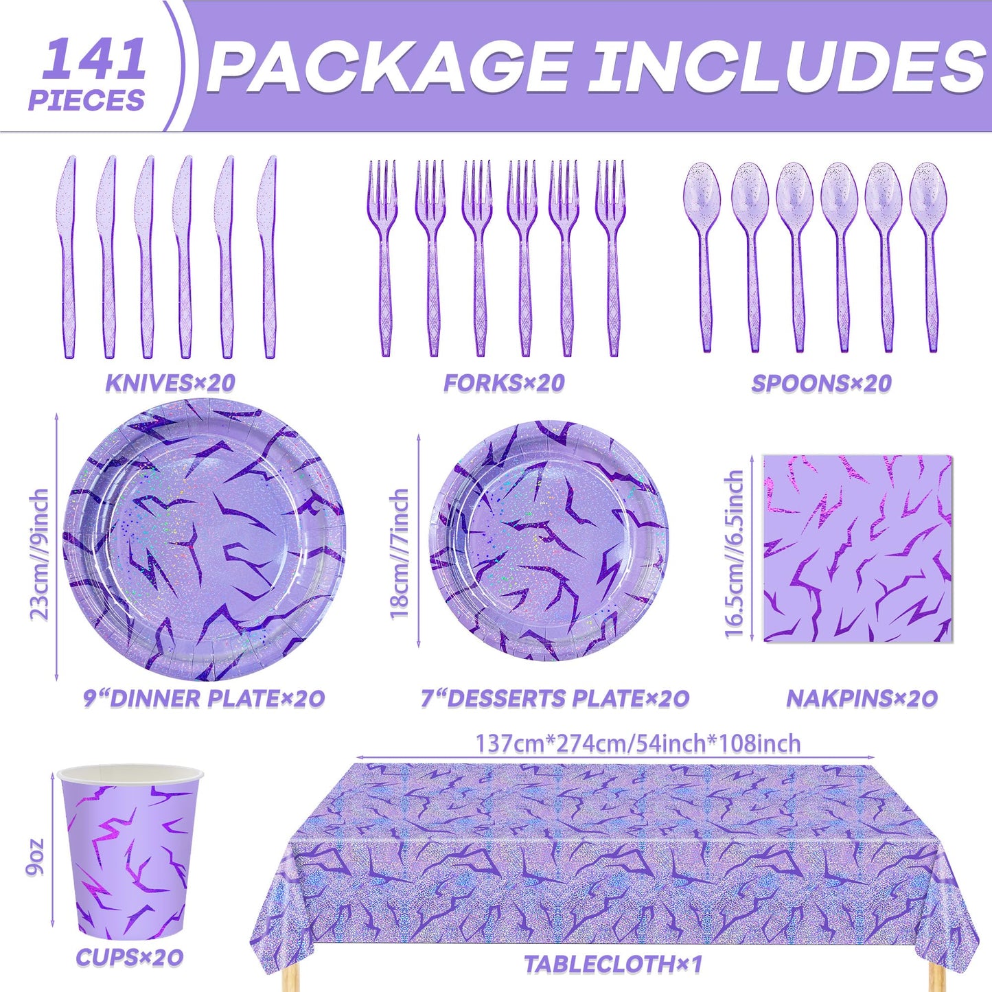 Demon Hunter Birthday Tableware Decor for 20Guests, Purple Holographic Laser Energy Pattern Plates Cups Napkins Tablecloth Cutlery, Sparkling Korean Idol Movie Decoration for Party, Birthday, Bachelor
