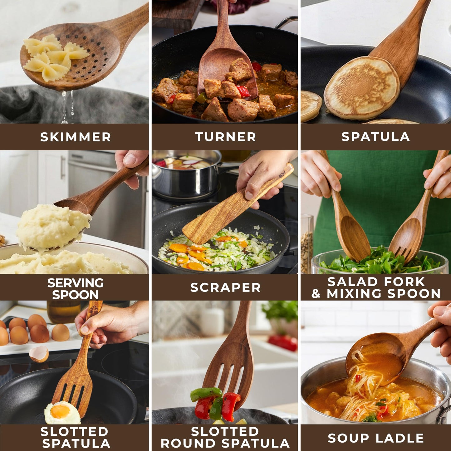 Wooden Spoons for Cooking – 10 Pcs Premium Teak Wooden Utensil Set with Hooks - Durable, Nonstick Safe, Easy to Clean & Heat Resistant with Ergonomic Handles