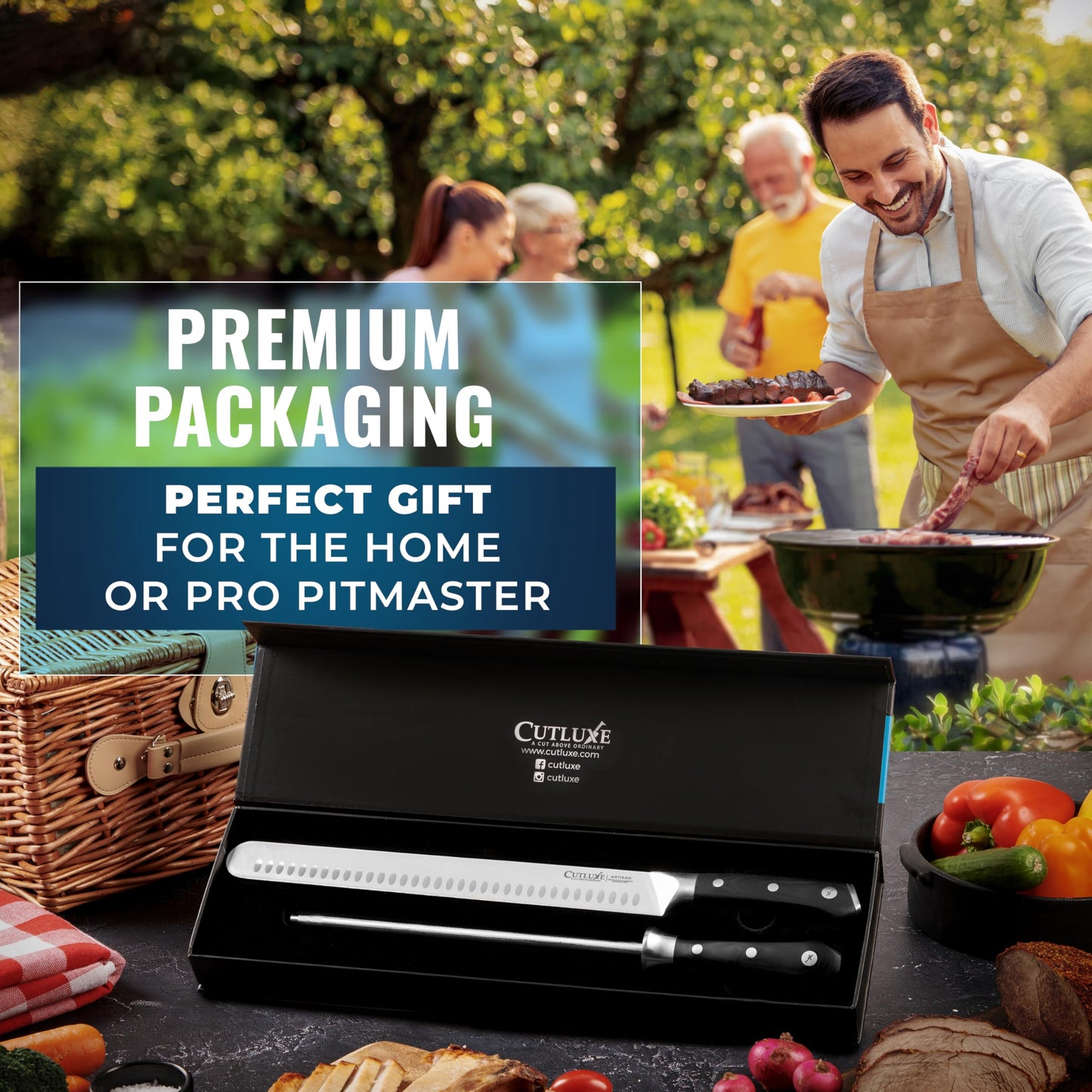 Cutluxe BBQ Knife Carving Set – 12" Brisket Knife & 10" Honing Rod, Butcher Knife Set for Meat Cutting – Ultra Sharp German Steel, Ergonomic Pakkawood Handles – Artisan Series