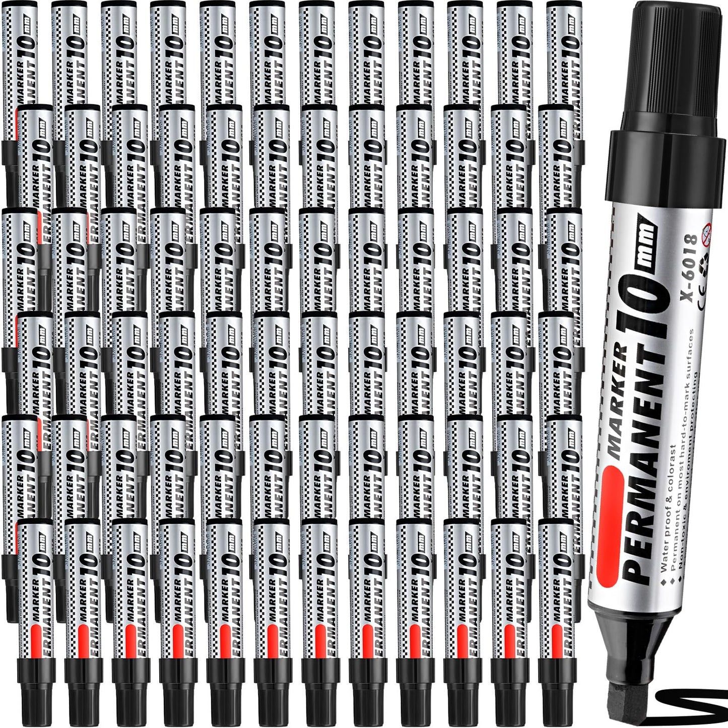 Thenshop 60 Pcs Jumbo Permanent Markers Bulk 10mm Chisel Tip Black Thick Permanent Markers Set Waterproof Jumbo Marker for Industrial Use Work on Wood Metal Glass Window Car Glass Paint Pen
