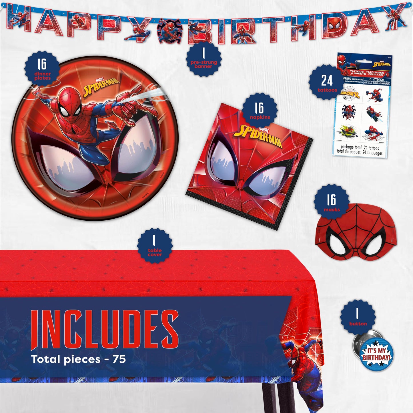 Spiderman Birthday Decorations | Spiderman Party Supplies | Serves 16 Guests | Marvel Superhero Spidey and His Amazing Friends | Table Cover, Spider Man Banner, Plates, Napkins, Masks and Button |