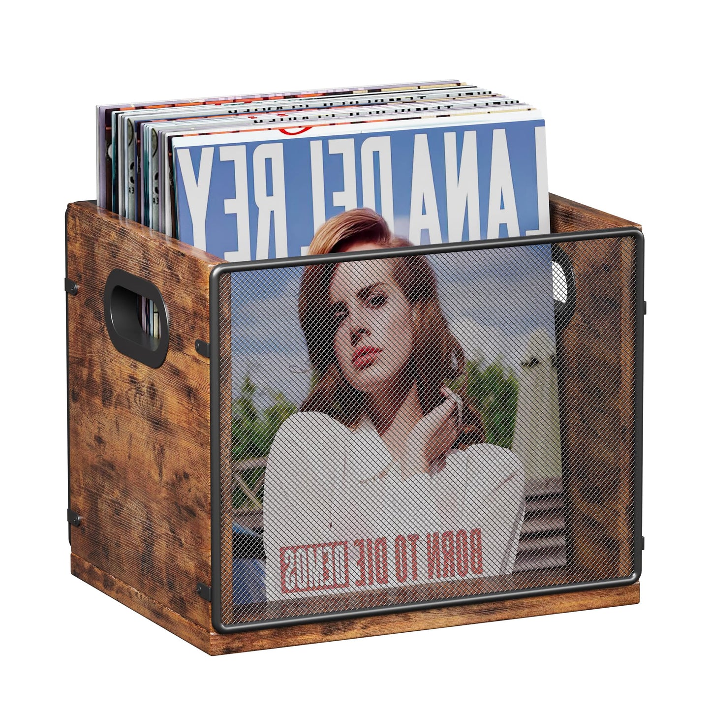 Homeiju Wooden & Metal Record Crate - Vinyl Album Holder & Organizer, Holds Up to 60 Records