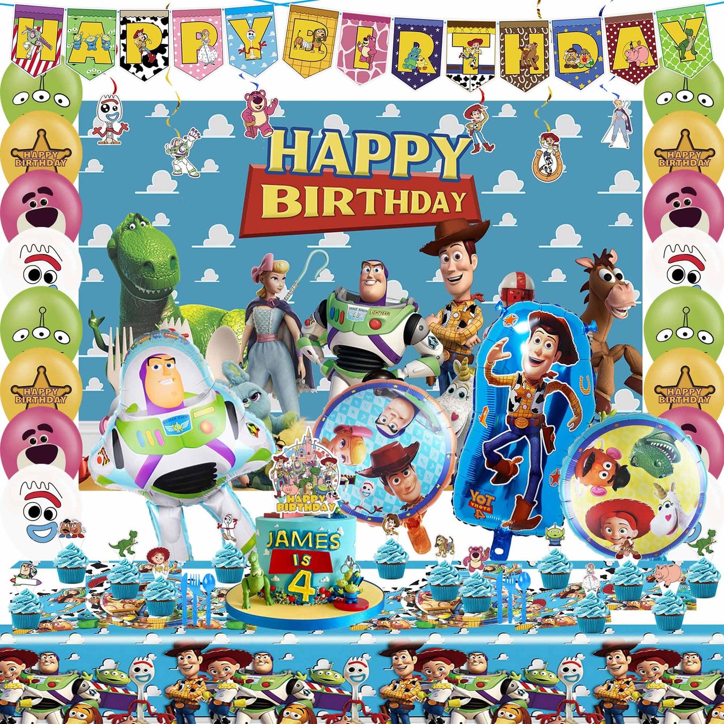 Cartoon Birthday Decorations, Cartoon Party Supplies - Happy Birthday Banner Balloons Plates Backdrop Cake Toppers Tablecloth Hanging Swirls Stickers