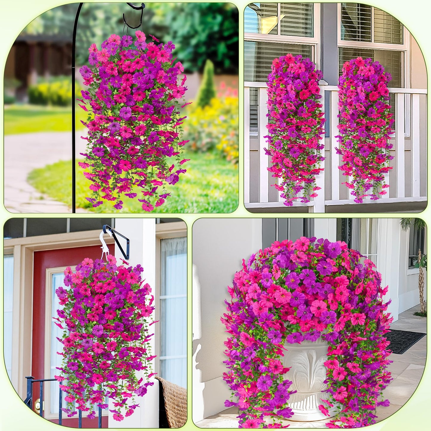 Dolicer 8 Pcs Look Real Artificial Flowers for Outdoors, Realistic Fake Artificial Hanging Flowers for Outdoors UV Resistant Silk Faux Hanging Plants Flowers for Porch Patio Garden (Purple+Fuchsia)