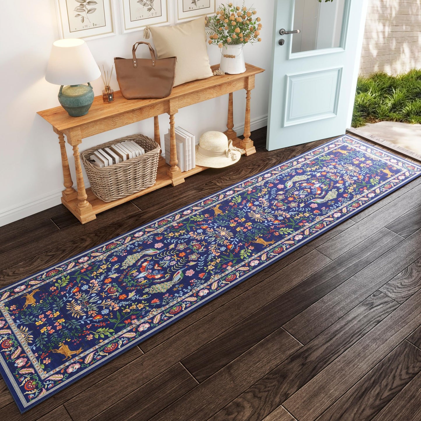 Rugcomf Runner Rug Washable Kitchen Runner 2'6''x8' Runner Rug for Entryway Indoor Floral Non-Slip Soft Carpet Runner for Hallways, Kitchen, Laundry, Bedroom, Bathroom(Blue)