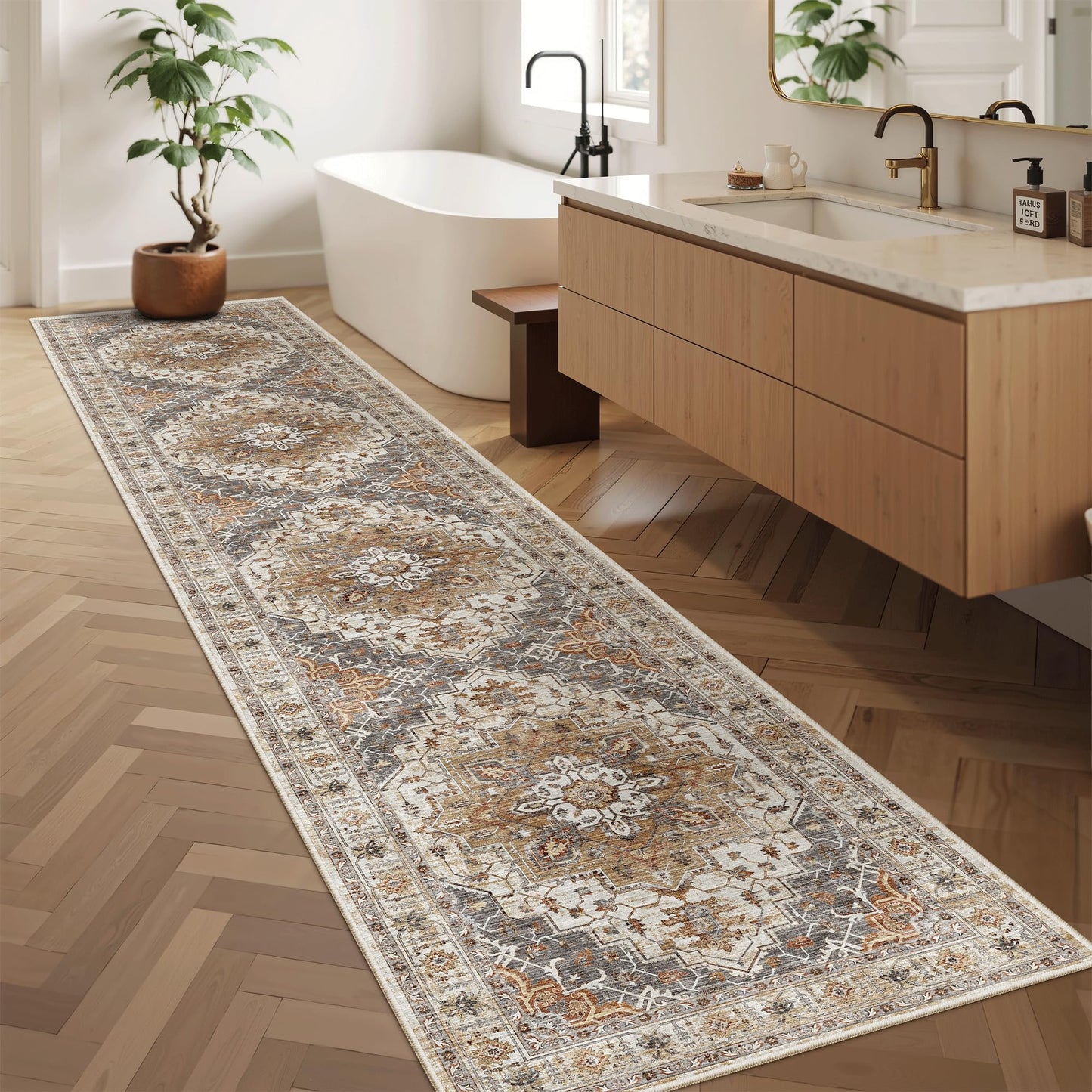 Madane Runner Rugs for Hallway 2x10 Long Washable Non-Slip Hallway Runner Rug Low-Pile Stair Kitchen Runner Throw Carpet for Entrance Living Dining Laundry Room (Turmeric/Grey, 2 x 10)