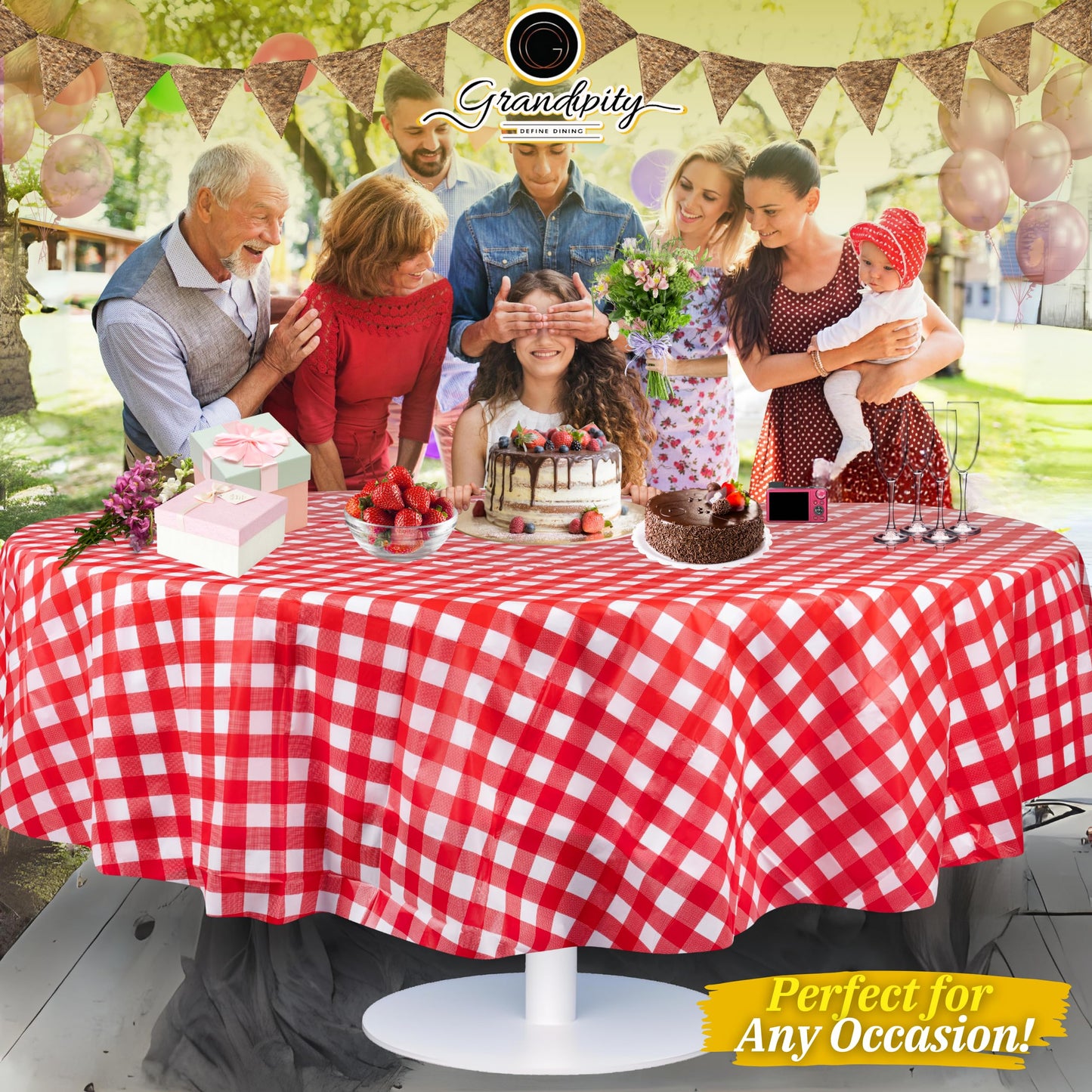 Grandipity 12 Pack Premium Disposable Plastic Picnic Tablecloth 84" Inch Decorative Round Table Cover - Red Checkered Gingham