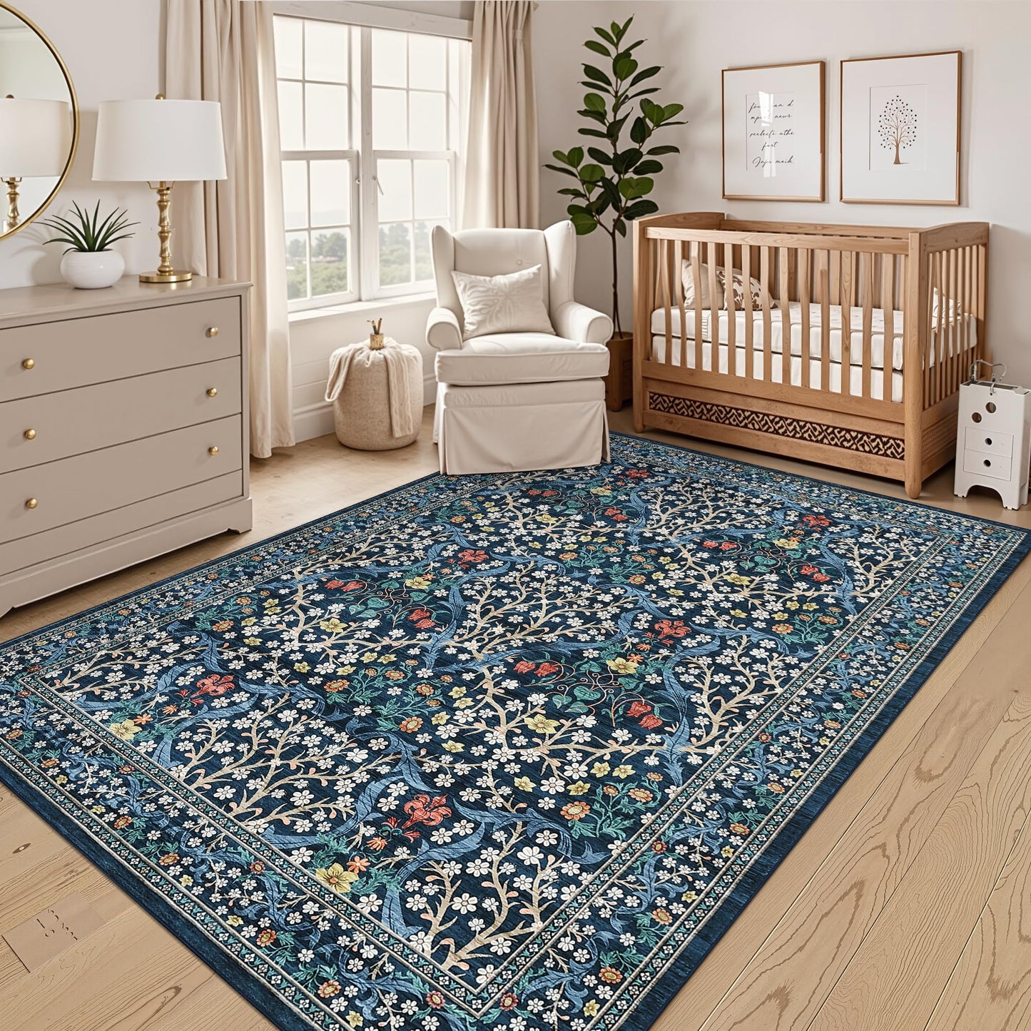 GarveeHome Floral Area Rugs 5x7, Dark Blue Washable Rug for Living Room, Bedroom, Low Pile Non Slip Stain Resistance Indoor Boho Carpet Mat for Farmhouse, Dining Room, Office