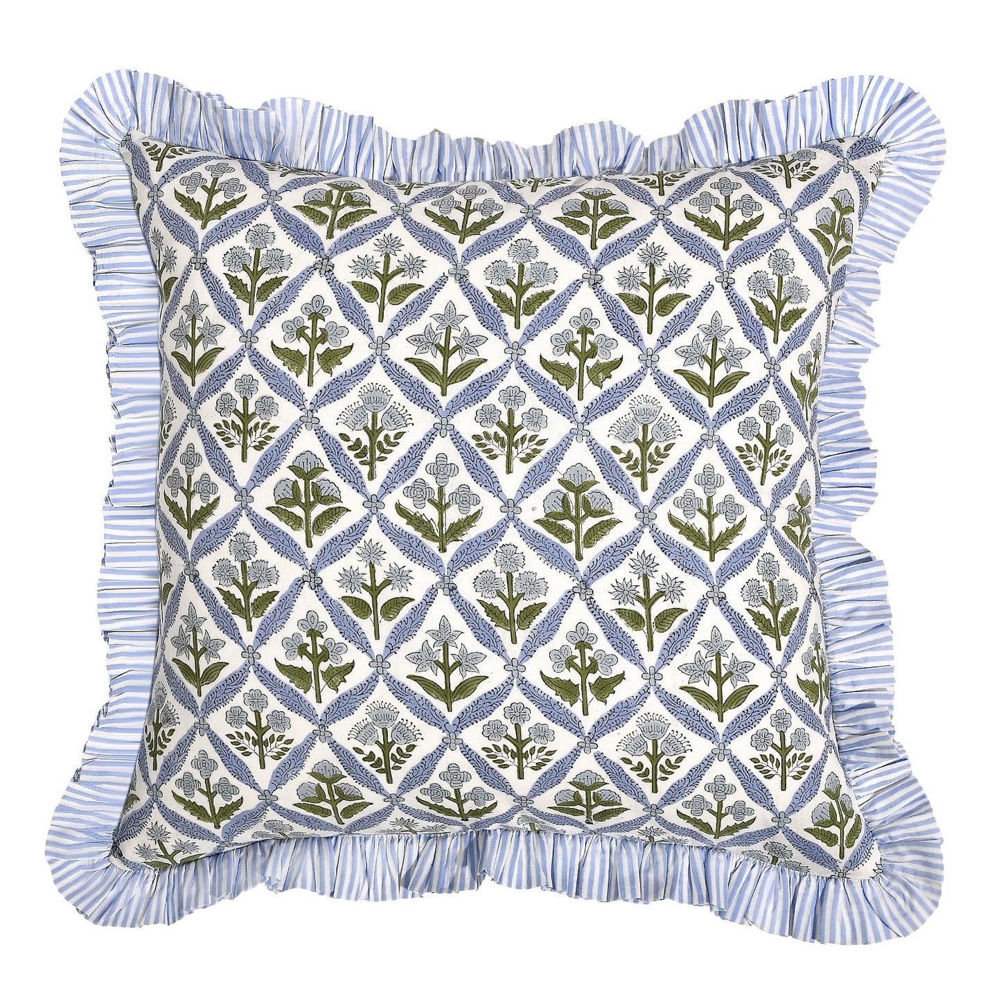 Ridhi Block Print Light Steel Blue Throw Pillow Cover 18" x 18" (Pack of 2) Decorative Cushion Covers with Ruffle for Couch, Sofa, Bed, Living Room, Home Decor Gift for Spring, Easter, Valentine