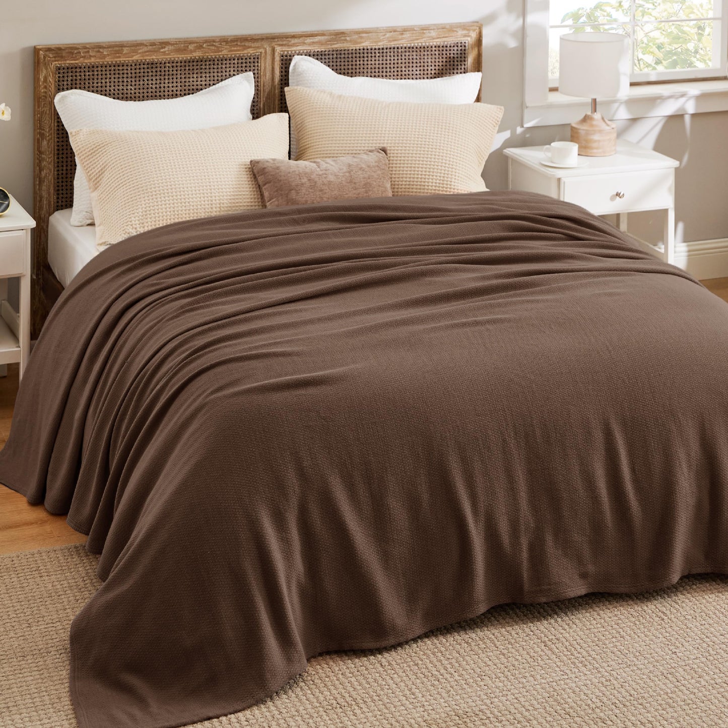 Bedsure GentleSoft 100% Cotton Blanket King Size for Bed - Breathable and Lightweight, Soft Cozy Textured Herringbone Woven Blanket for Summer, Brown, 108x90 inches