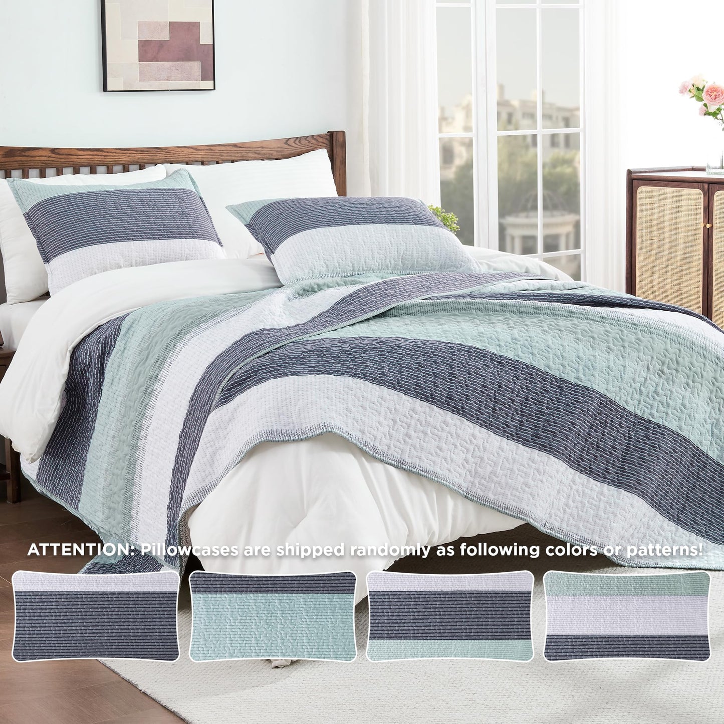 Andency Stripe Quilt Set Cal King(104x112 Inch), 3 Pieces (1 Striped Quilt and 2 Pillowcases) Patchwork Bedspread Coverlet Set, Lightweight Soft Quilted Bedding Set