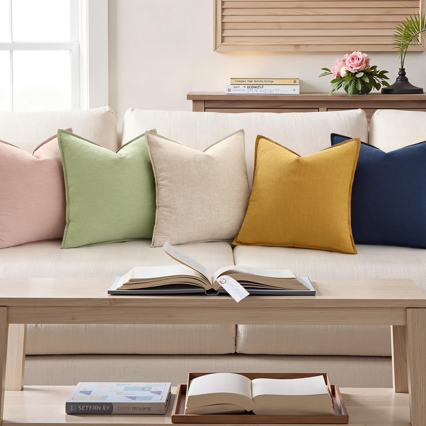 decorUhome Summer Decorative Linen Throw Pillow Covers 20x20 Inch Set of 2 Navy Blue Pillow Covers with Flange Edges Soft Farmhouse Boho Accent Pillow Cases for Couch Bed Living Room