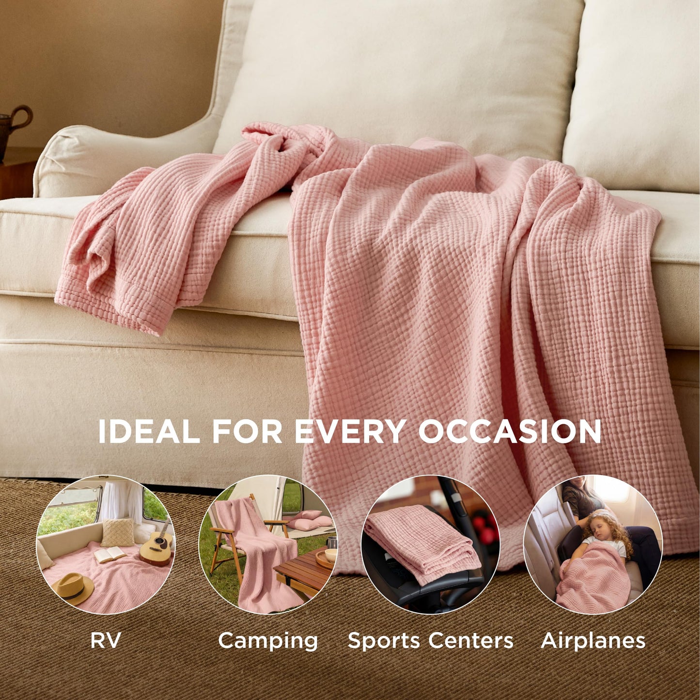 Bedsure 100% Cotton Muslin Blankets for Adults Large Throw 50x70 Inches - 4-Layer Breathable and Lightweight, Soft Boho Gauze Muslin Cotton Blanket for Couch Decor Travel Summer, Pink