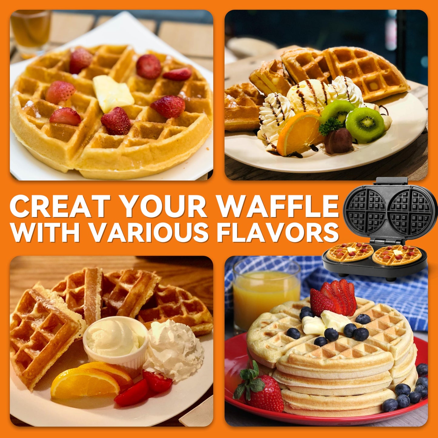 Baker’s Friend Double Belgian Waffle Maker Thick, 2 X 6” Round Waffle Maker, Belgium Waffle Iron, Waflera Electrica with Non-stick Plates, 1200W, Perfect for Kids & Family Breakfast, Graphite