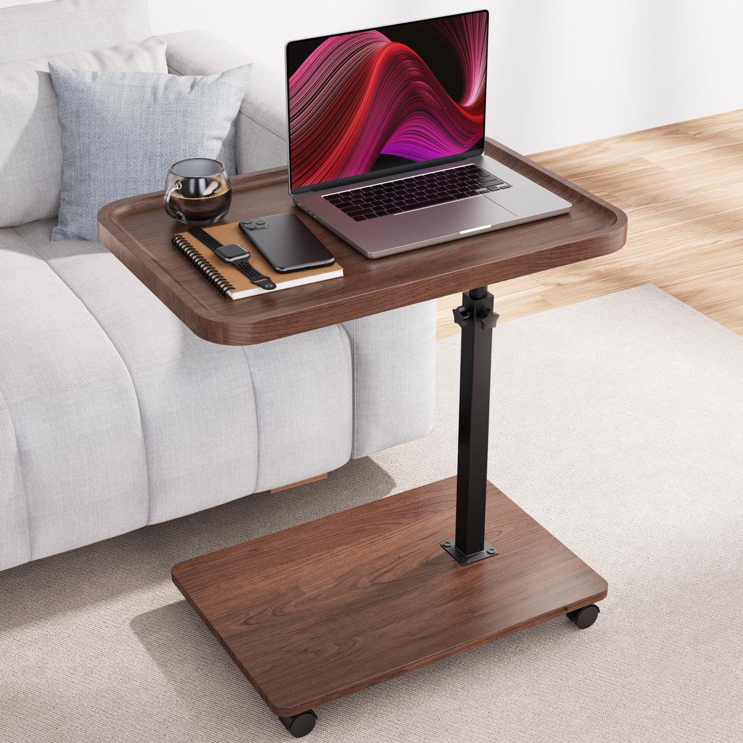 Large Size C Table End Table, Adjustable Height 360°Swivel TV Tray Table for Small Spaces, Couch Tables that Slide Under, C Shaped Side Tables for Couch,TV Dinner, Living Room and Bedroom (Walnut)