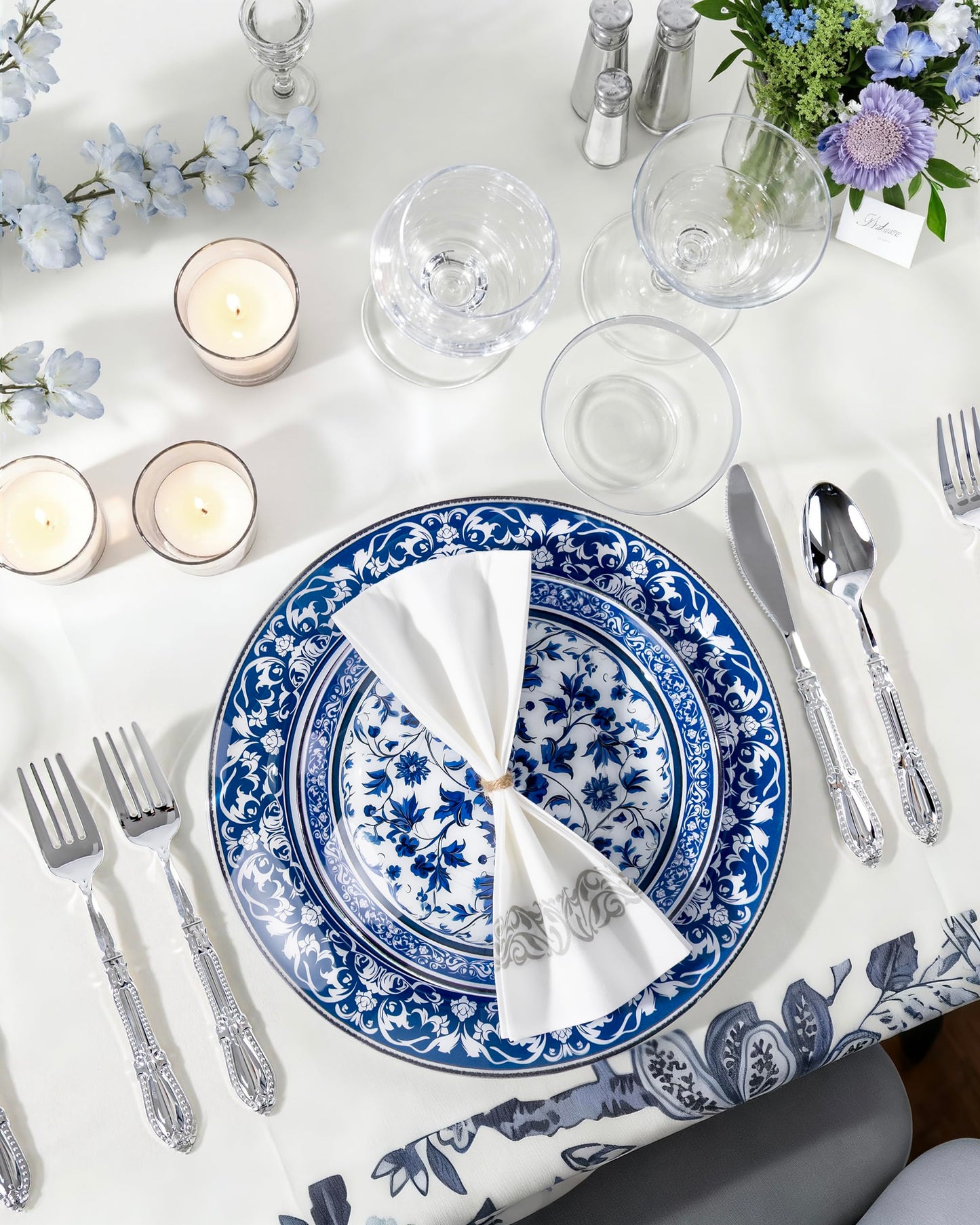 Hioasis 60pcs Blue Plastic Plates Set - Floral Blue & White Porcelain Design, 10.25" Dinner & 7.5" Dessert Plates Disposable for Memorial Day & Wedding (Dishwasher Safe, Art Style)