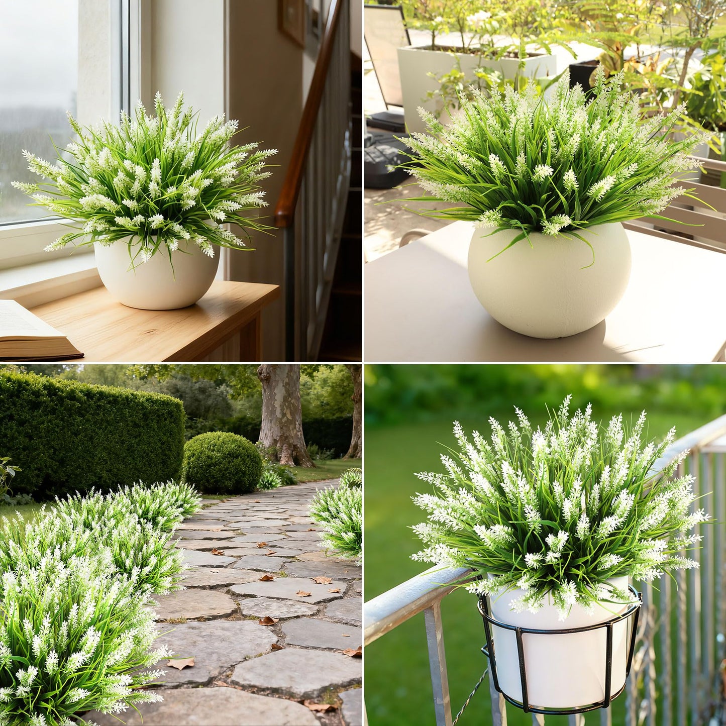 AmberFun 16 Bundles Artificial Plants Outdoor, UV Resistant Fake Lavender & Monkey Grass, Realistic Plastic Faux Plants for Balcony, Patio, Porch Greenery Decor, Planter Filler(White)