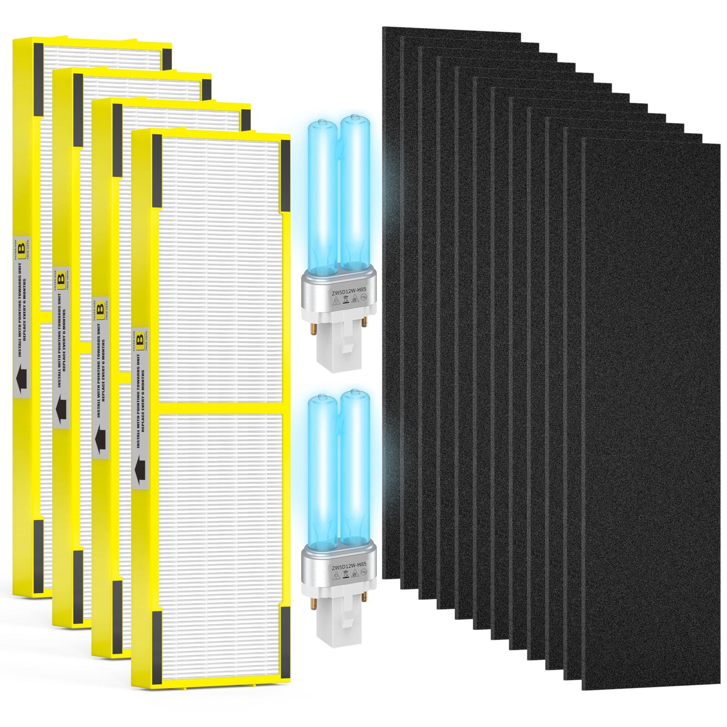 4 pack FLT4825 HEPA Replacement Filter B ＆ LB4000 Bulb for Guardian AC4825, AC4300, AC4850, AC4800, AC4820, AC4900 Air Cleaner Purifier, 4 HEPA Filters +12 Carbon filters+ 2 lb4000 uv bulb