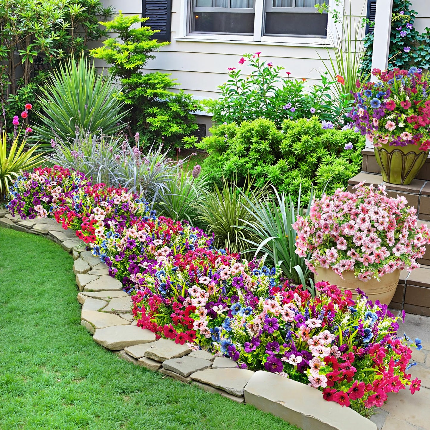 Besteek 20 Bundles Artificial Flowers for Outdoors Decoration Fake Silk Flowers UV Resistant Faux Plants Artificial Daisy Eucalyptus for Spring Summer Garden Yard Porch Window Home Decor, Mixed