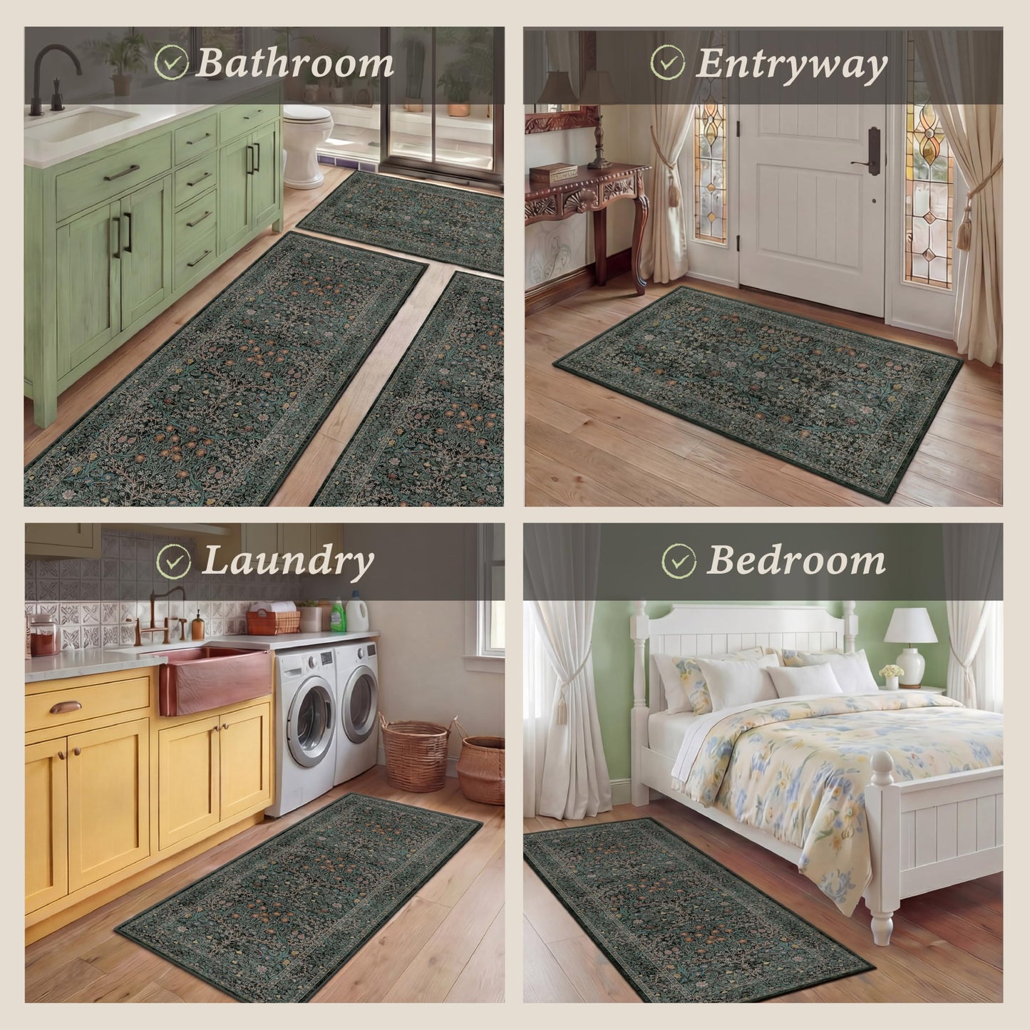 Black Green Kitchen Rug Set of 3, Washable Non-Slip Mats with Runner, Low Pile Vintage Botanical Floor Covering for Entryway, Bathroom, Hallway, Laundry Room