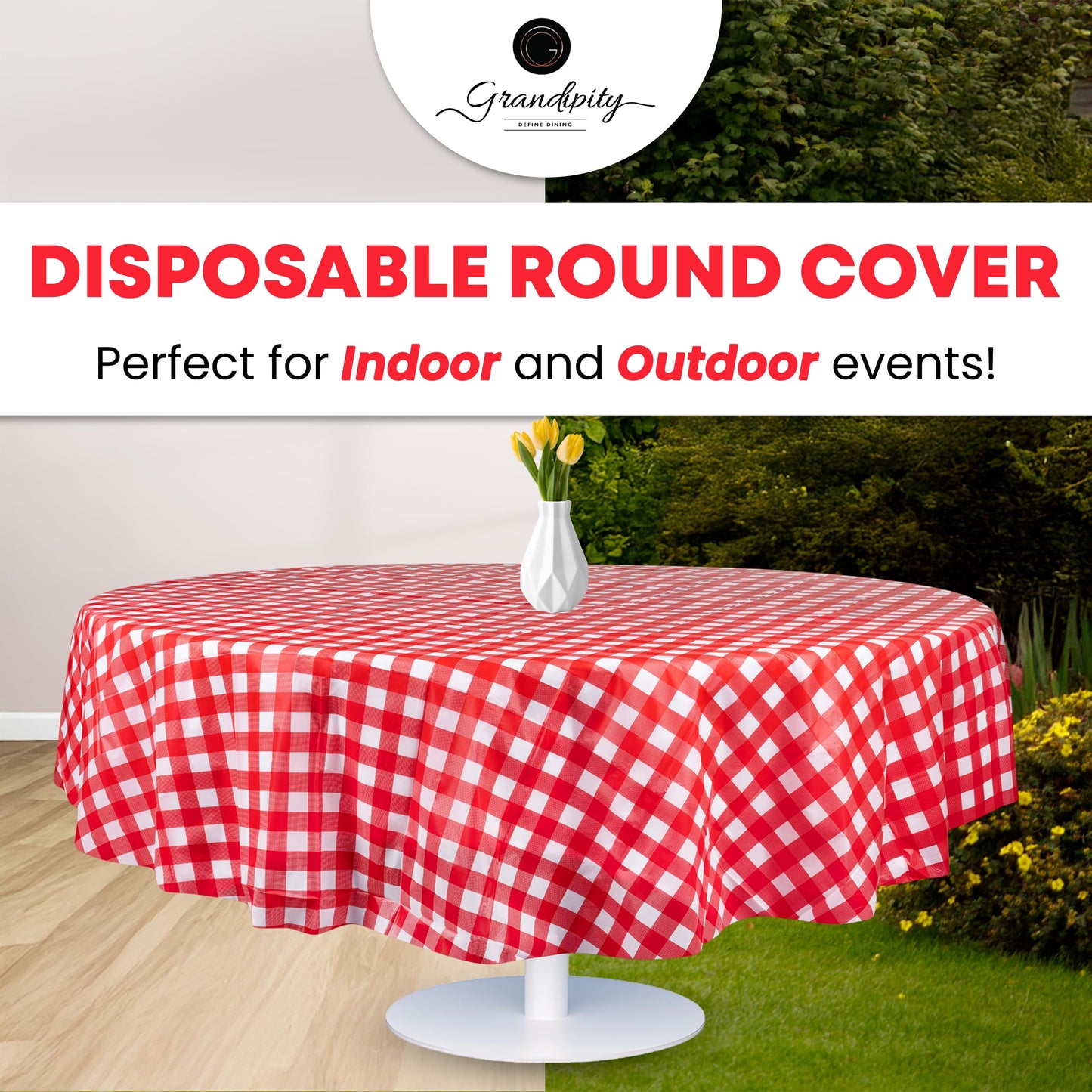Grandipity 12 Pack Premium Disposable Plastic Picnic Tablecloth 84" Inch Decorative Round Table Cover - Red Checkered Gingham