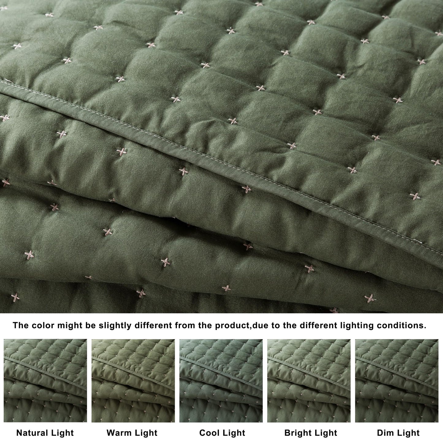 WDCOZY King Size Quilt Bedding Sets with 2 Pillow Shams, Lightweight Soft Bedspread Coverlet, Quilted Blanket Thin Comforter Bed Cover for All Season, 3 Pieces, 104x90 inches, Moss Green