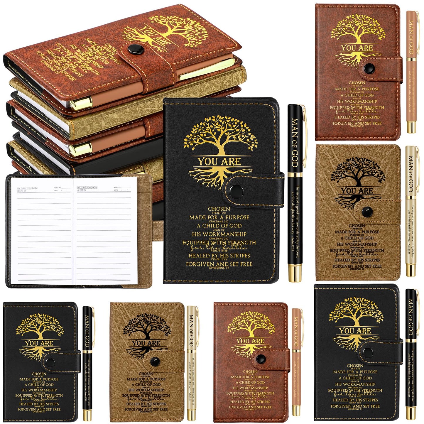 Thenshop 24 Set Christian Father's Day Church Gifts Tree of Life Leather Prayer Journal Man of God Notebook Religious Notepad with Pen Baptism Gift for Pastor Dad Men (Black Brown)