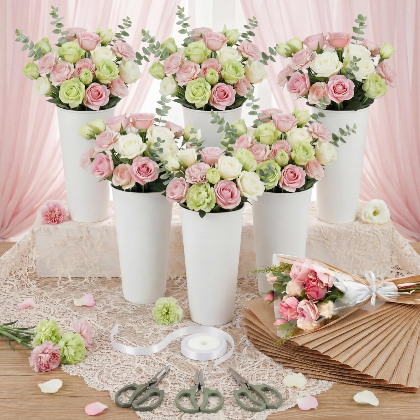 LemonRoad 60 Pcs Flower Bar Buckets Set Kit Include Clear Kraft Flower Bouquet Gift Bags Wrapping Sleeves, 9.84' Plastic Flowers Bucket, Scissors Ribbon for Bar Supplies Wedding Bridal Shower Decor