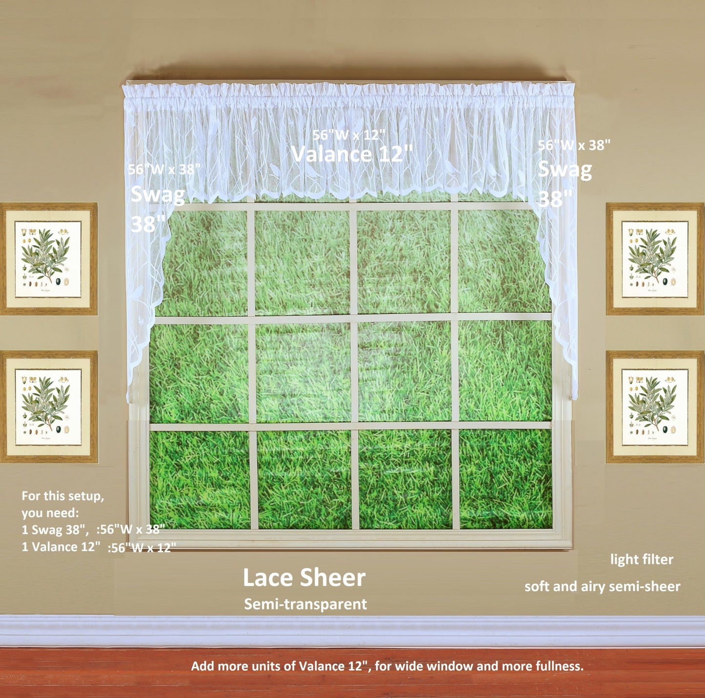 Today's Curtain, Songbird Semi-Sheer Lace Swag 38", White, 56" W x 38" L