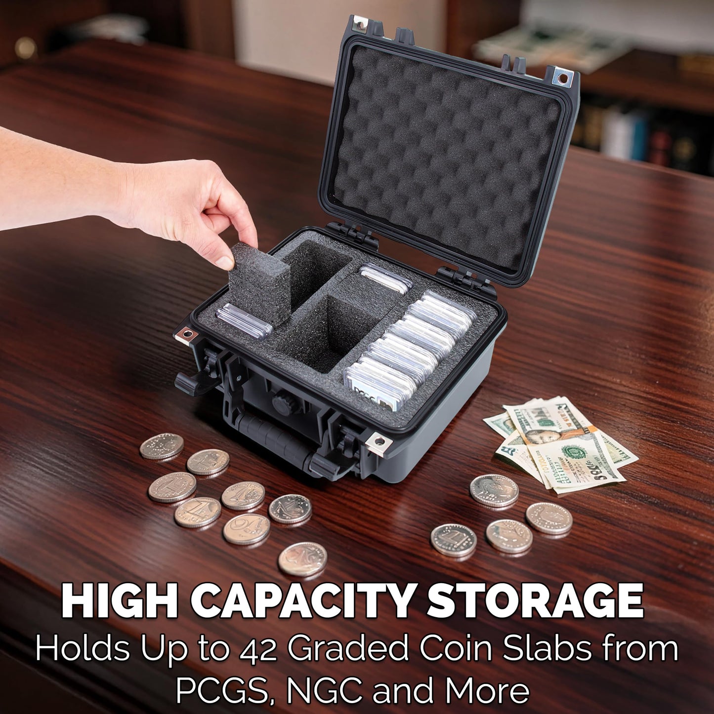 CASEMATIX Graded Coin Slab Case for 42 PCGS & NGC Coin Holders – IP67 Waterproof Coin Storage Box with Precut Foam Rows and Dividers for Coin Collectors, Coin Slabs & Collection Supplies