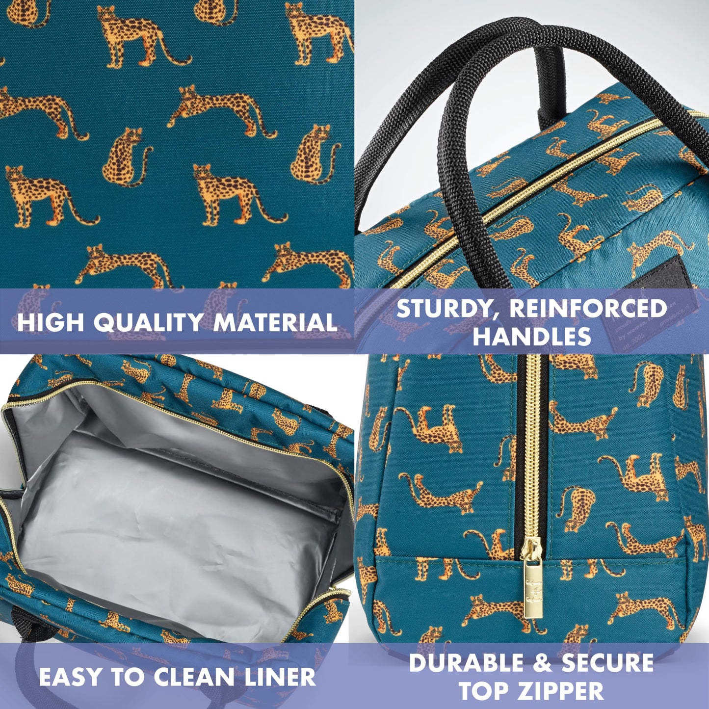 Fit & Fresh Bloomington Lunch Bag for Women - Insulated Large Lunch Box for Work with Containers, Leak-Resistant, Stain-Resistant, Zipper Closure, Teal Cheetah