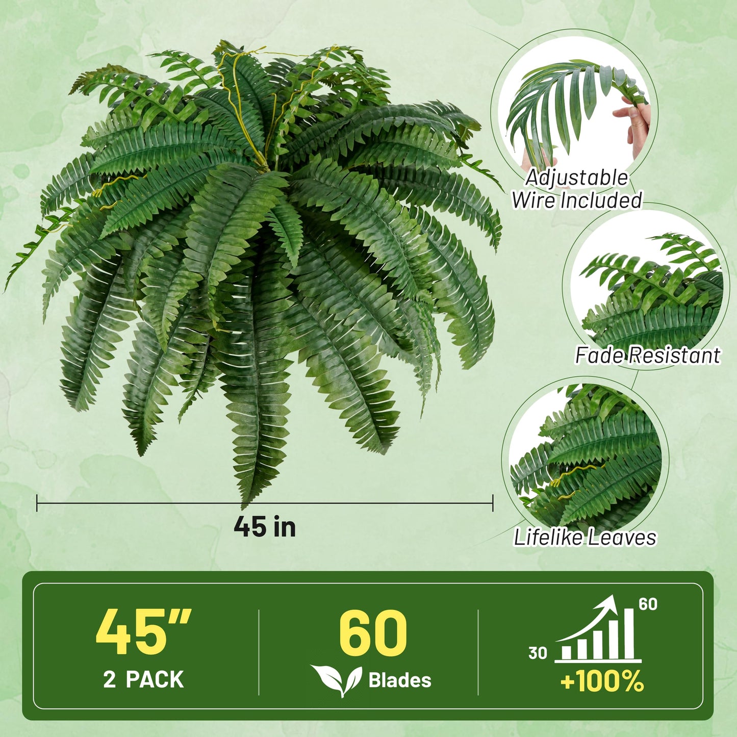 Der Rose 2 Pack 45"/60 Leaves Large Fake Ferns, UV Resistant Outdoor Artificial Plants Faux Boston Ferns Fake Bushes for Outdoor Planters, Porch Patio Garden Hanging Basket Home Decor