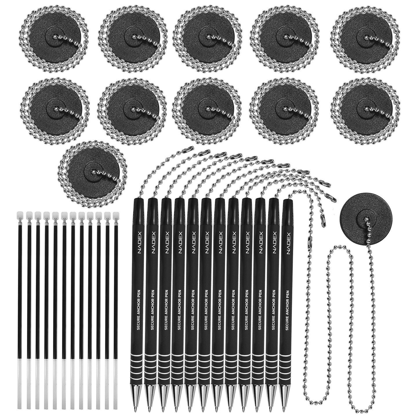 Nadex Ball and Chain Security Pen Set | 12 Pens, 12 Adhesive Mounts, and 12 Refills (Black)