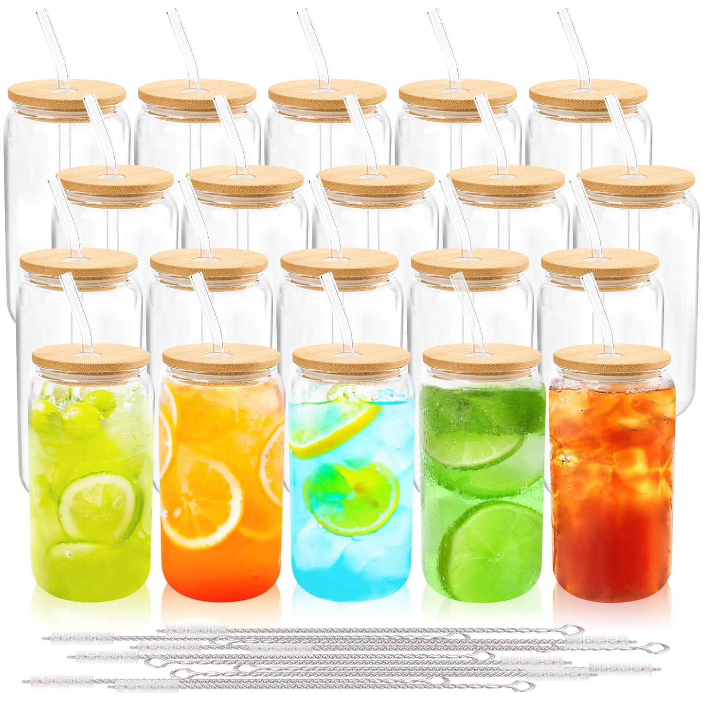 Joyclub 20 Set Glass Cups with Bamboo Lids and Glass Straws 16oz Can Shaped Reusable Iced Coffee Glasses Bulk Set Drinking Jars wholesale for Party Weddings Cafes Boba Shops Gifts DIY
