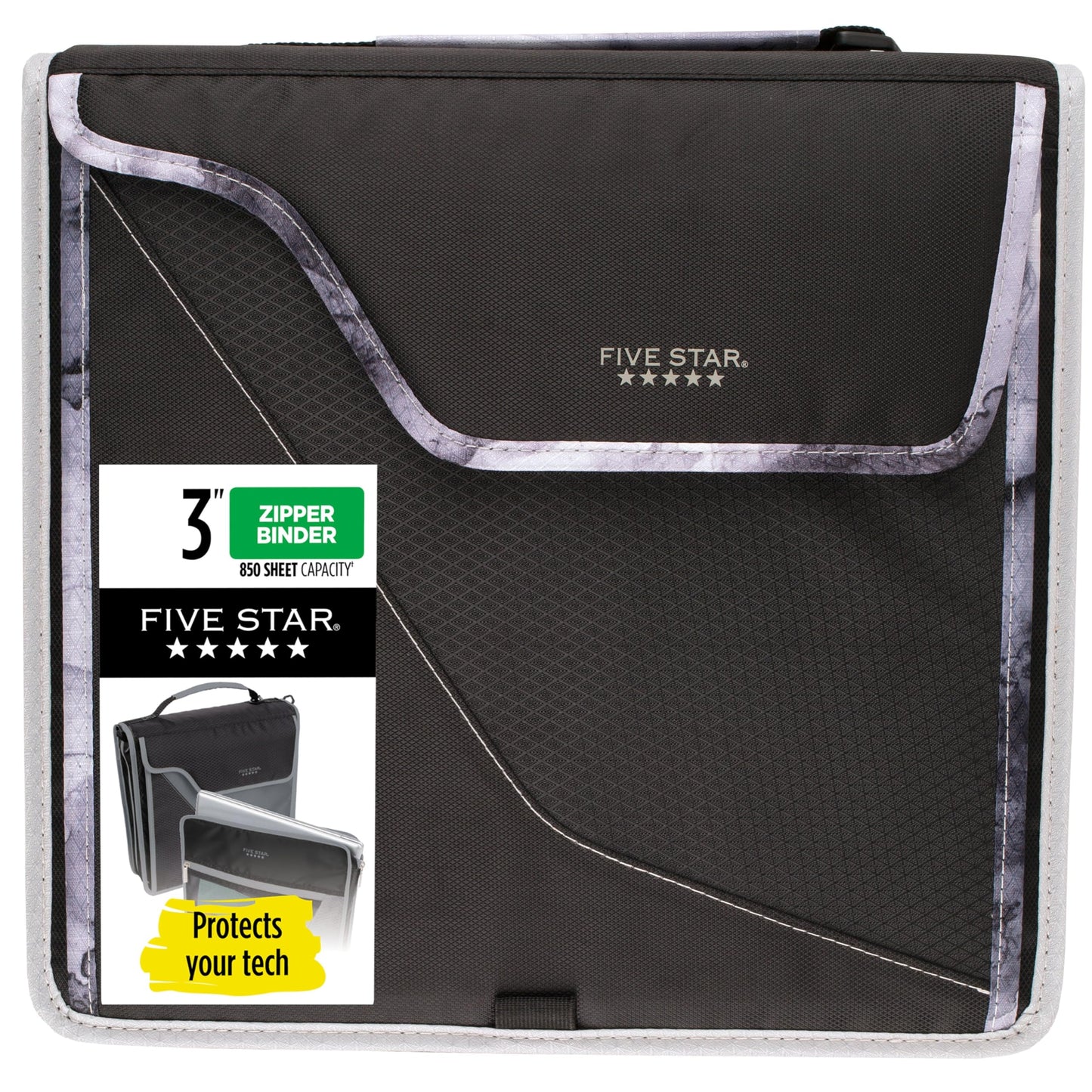 Five Star Zipper Binder, 3 Inch 3-Ring Binder with D Rings, Removable Padded Case, 5-Tab Expanding File and Multi-Use Strap, 850 Sheet Capacity, Black/Gray (29296IT8)
