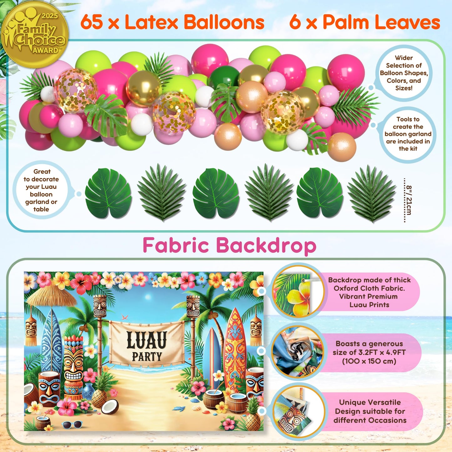 180 pc Premium Luau Party Decorations Set – Hawaiian Birthday Party Decor with Balloons, Backdrop, Table Skirt, Toppers & More – Tropical Aloha Themed Supplies for Indoor & Outdoor Celebrations