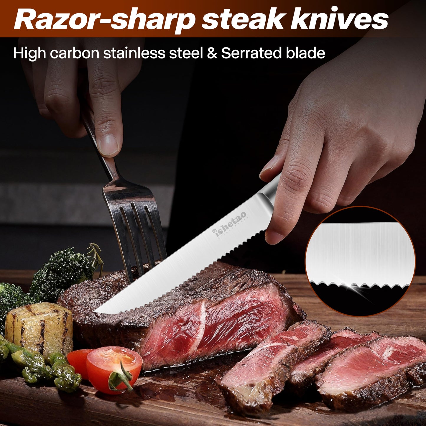 isheTao Steak Knife Set of 6, 4.5 inches Dishwasher Safe High Carbon Stainless Steel Knives, Silver