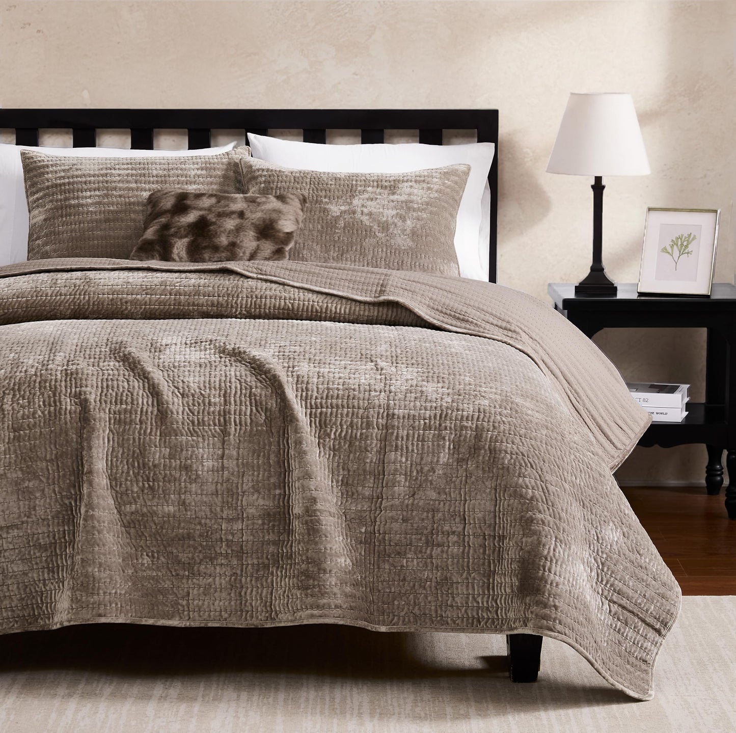 WDCOZY Velvet King Size Quilt Set - Brown Taupe Tan Camel Striped Pick Stitch Soft Lightweight Bedspread, Channel Farmhouse Country Rustic Coverlet, Modern Bedding Warm Thin Comforter, 3 Pieces