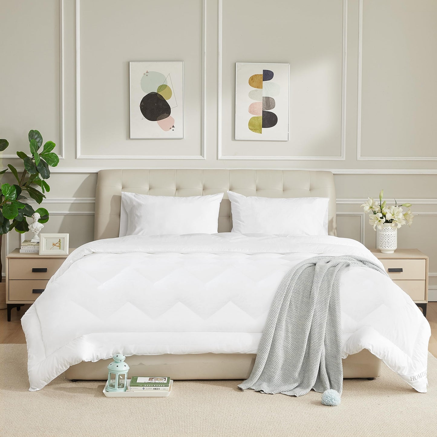 HOMTEC Duvet Insert Cotton Comforter Twin Size White Down Alternative Duvet Insert 100% Cotton Shell Quilted Fluffy Comforter Lightweight All Season 4 Corner Tabs Durable Breathable Noiseless