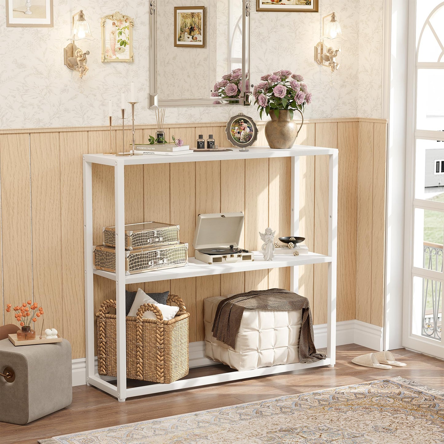 TIQLAB Small Entryway Table, 29.5" Narrow Console Table with Shelves, Sofa Table, Couch Table, Side Table, Entry Table for Hallway, Living Room, Small Space, White