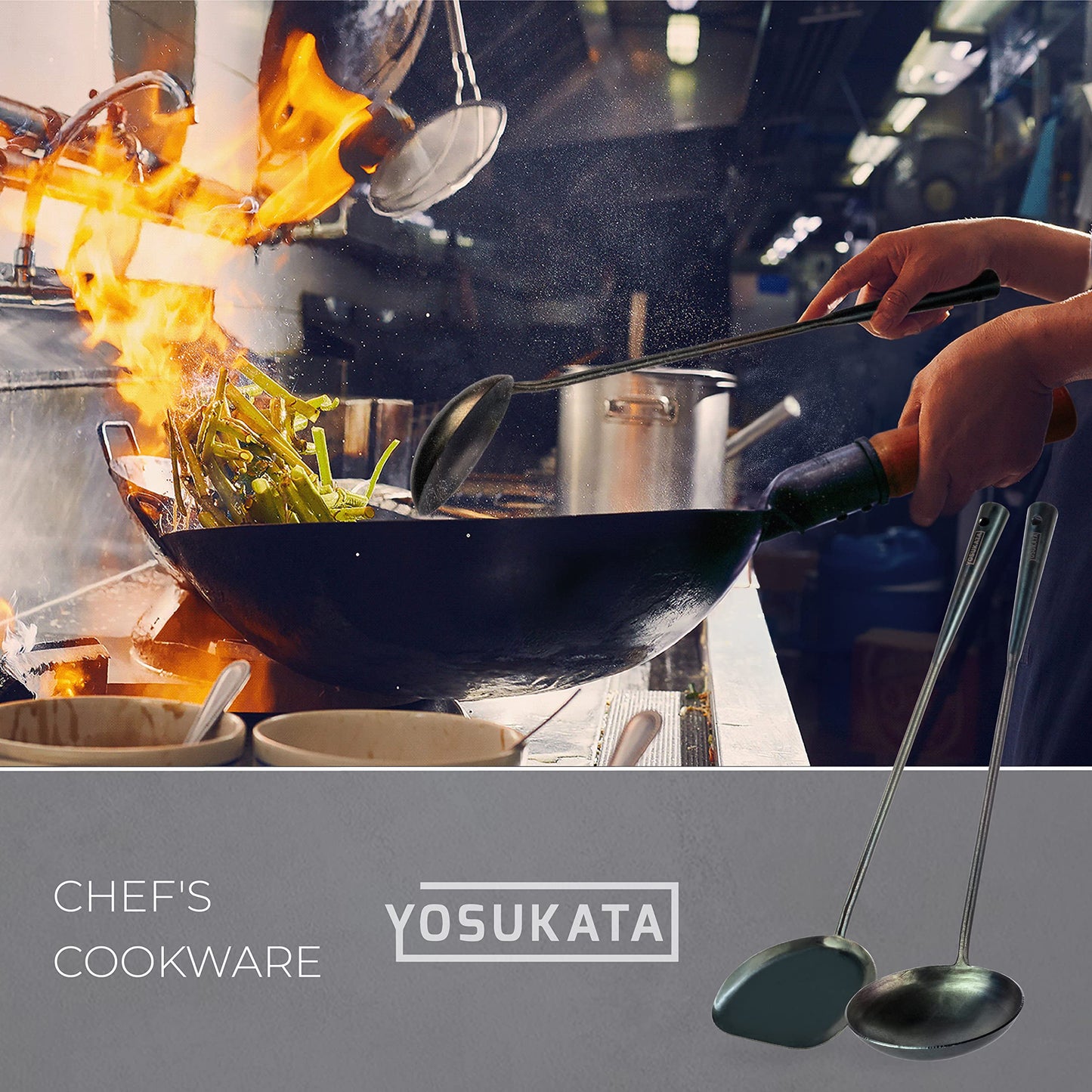 YOSUKATA Pre-Seasoned Wok Utensils Set - Blue Carbon Steel 17-inch Wok Spatula, Wok Ladle, 3 pairs Chopsticks - Durable Asian Cooking Tools