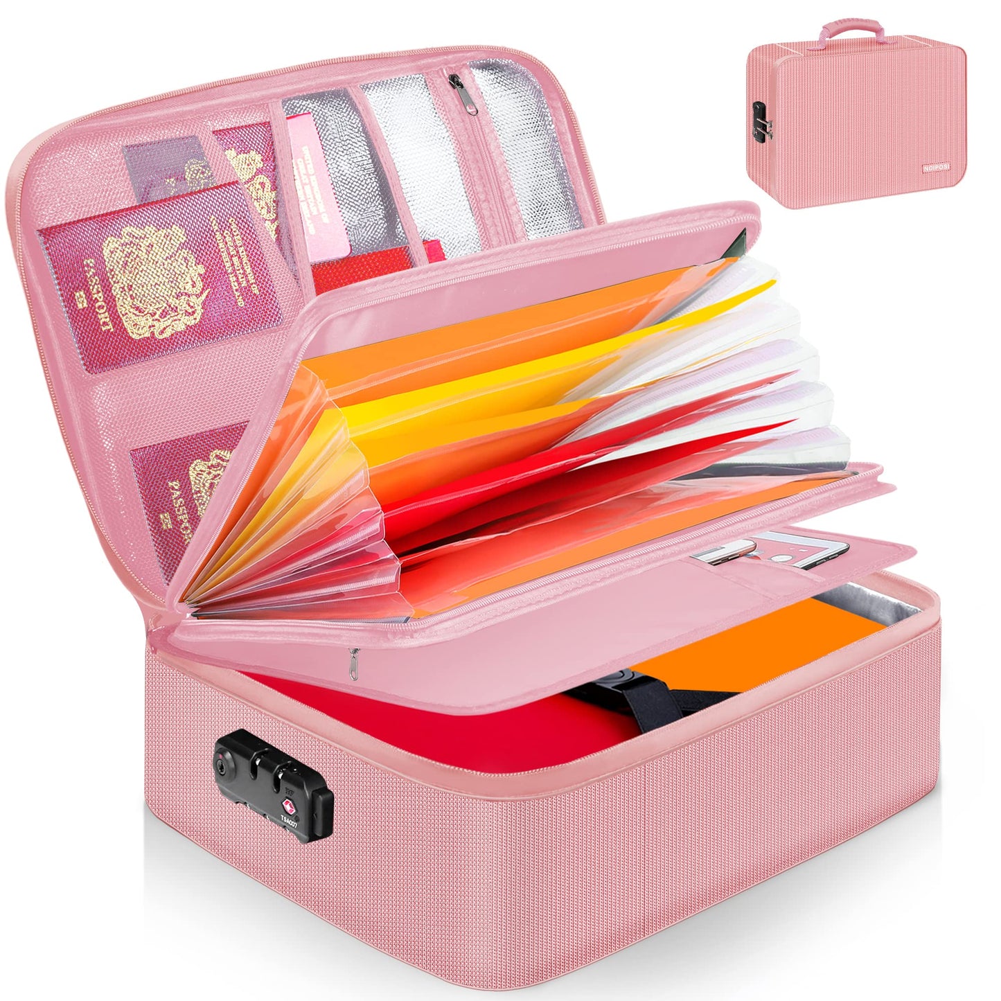 Noiposi Document Organizer with 5200℉ Heat Insulated,16.1"x11.4"x4.3" Waterproof and Fireproof Document Box,Portable Home Travel Safe Storage Box for Important Documents and File,Pink