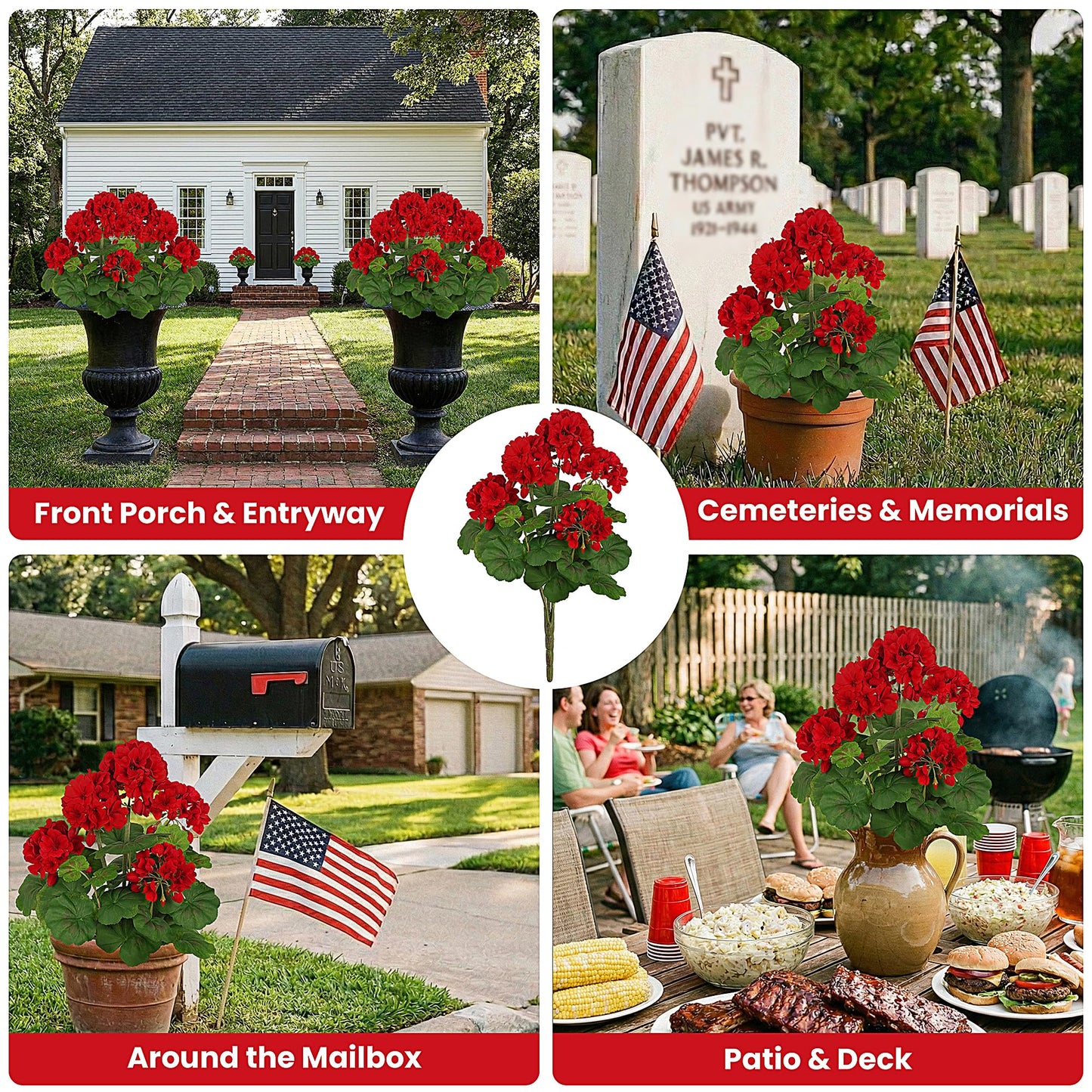 FOREST PRINCE 2 PCS 18" Artificial Geraniums for Outdoors, UV Resistant Red Silk Flowers for Window Box Porch Patio Garden Decor, Waterproof Ruby Red