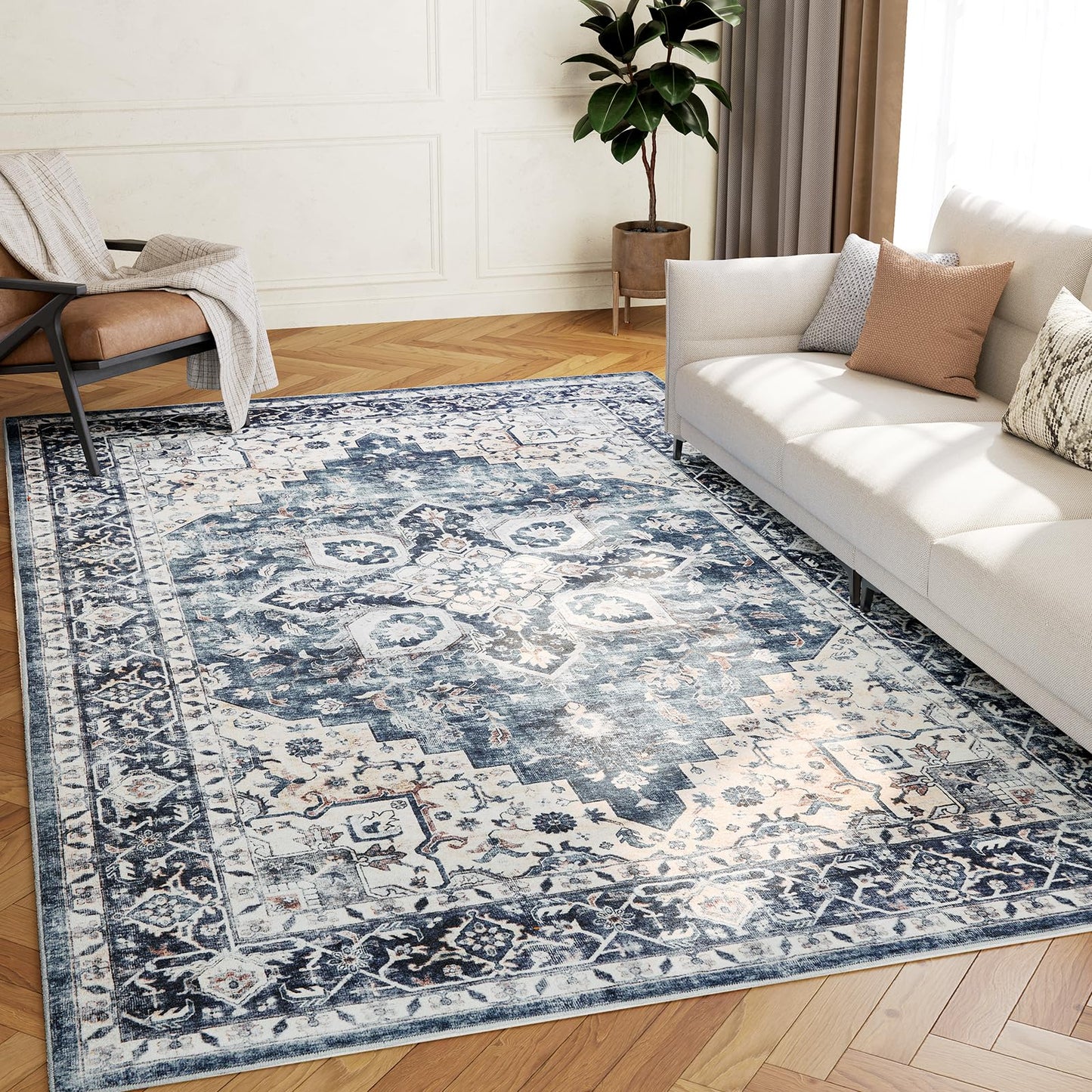 AMADA HOMEFURNISHING 5x7 Area Rugs, Washable Living Room Rug Low-Profile with Non-Slip Backing & Durable Edge Binding, Vintage 5x7 Rugs for Living Room, Bedroom, Dinning Room