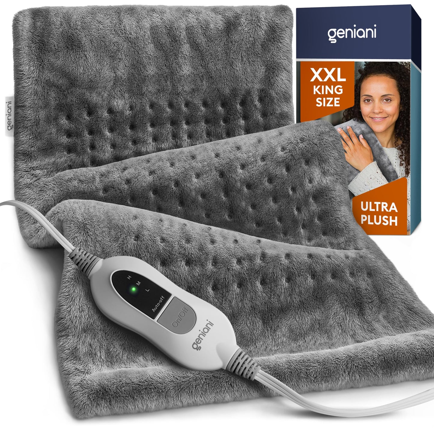 GENIANI Electric Throw - XXL 18"x26" Heating Pad for Back Pain & Cramps Relief, Auto Shut Off, Machine Washable, Heat Pad, for Women, Men, Heat Patches (Tabby Gray)