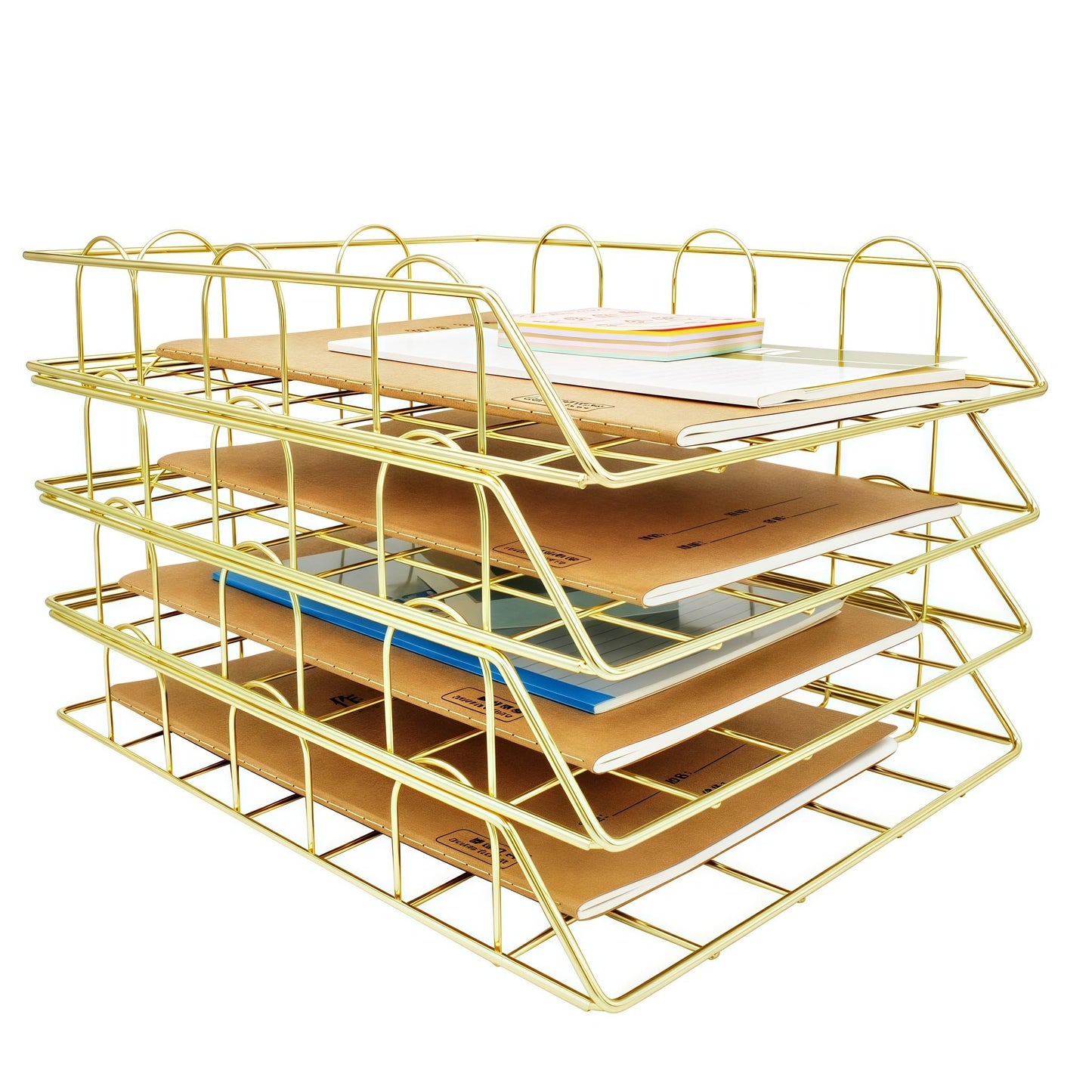 JIARI 4 Pack Desk Organizer Stackable Letter Tray Paper Organizer, Metal Desk Organizer Tray for Letter/A4 Paper Storage, for Office Supplies (Gold 4 Pack)
