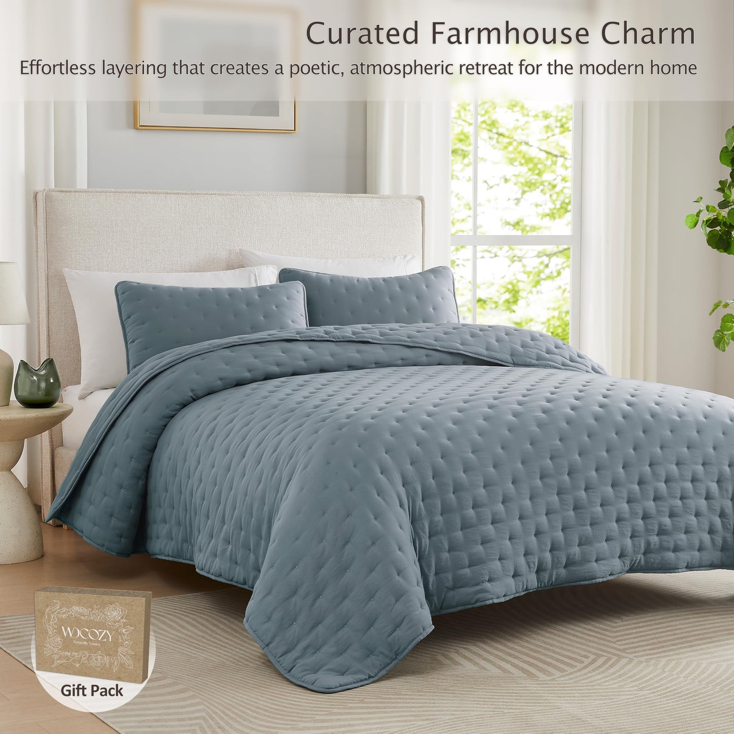 WDCOZY Dusty Blue Cloud King Size Quilt Set, Tan Lightweight Farmhouse Bedspread, Rustic Country Coverlet, Taupe Camel Soft Bedding, Thin Comforter for All Season - 3 Pieces, 104x90 inches